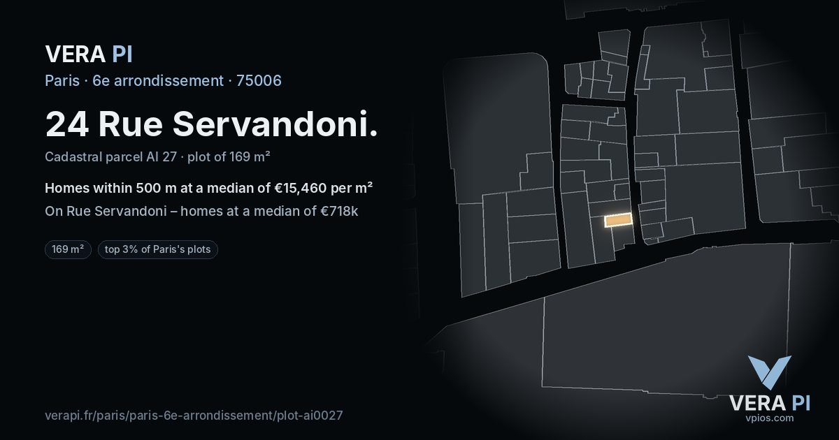 24 Rue Servandoni, 6e arrondissement at night – the plot lit, the parcels around coloured by the prices near them