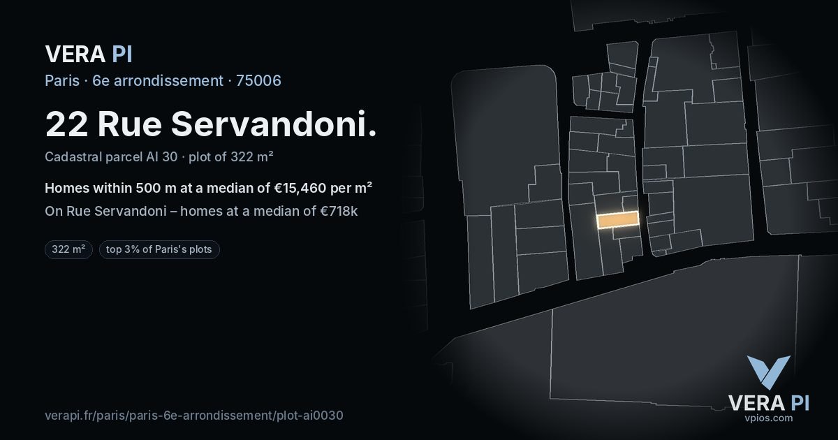 22 Rue Servandoni, 6e arrondissement at night – the plot lit, the parcels around coloured by the prices near them