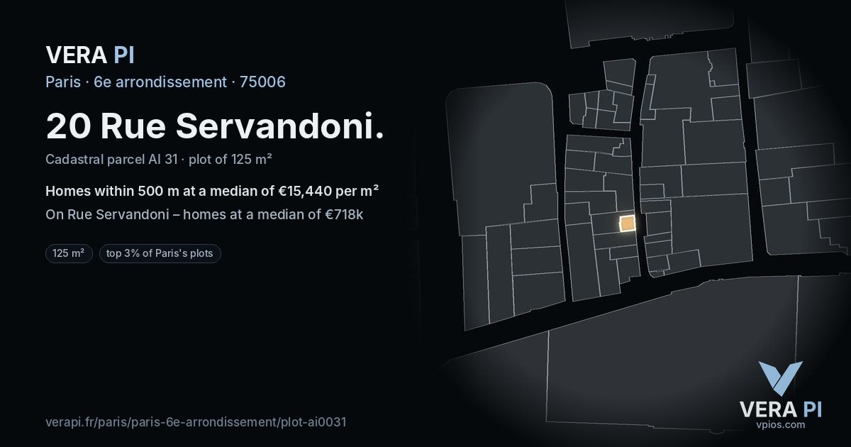 20 Rue Servandoni, 6e arrondissement at night – the plot lit, the parcels around coloured by the prices near them