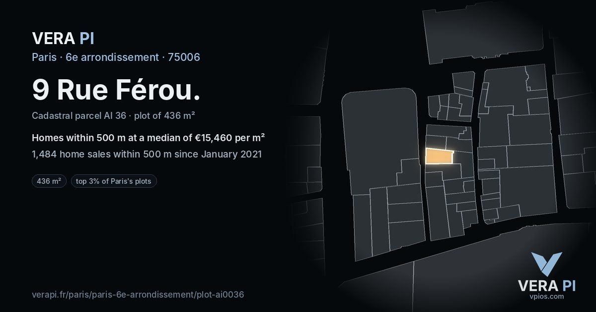 9 Rue Férou, 6e arrondissement at night – the plot lit, the parcels around coloured by the prices near them