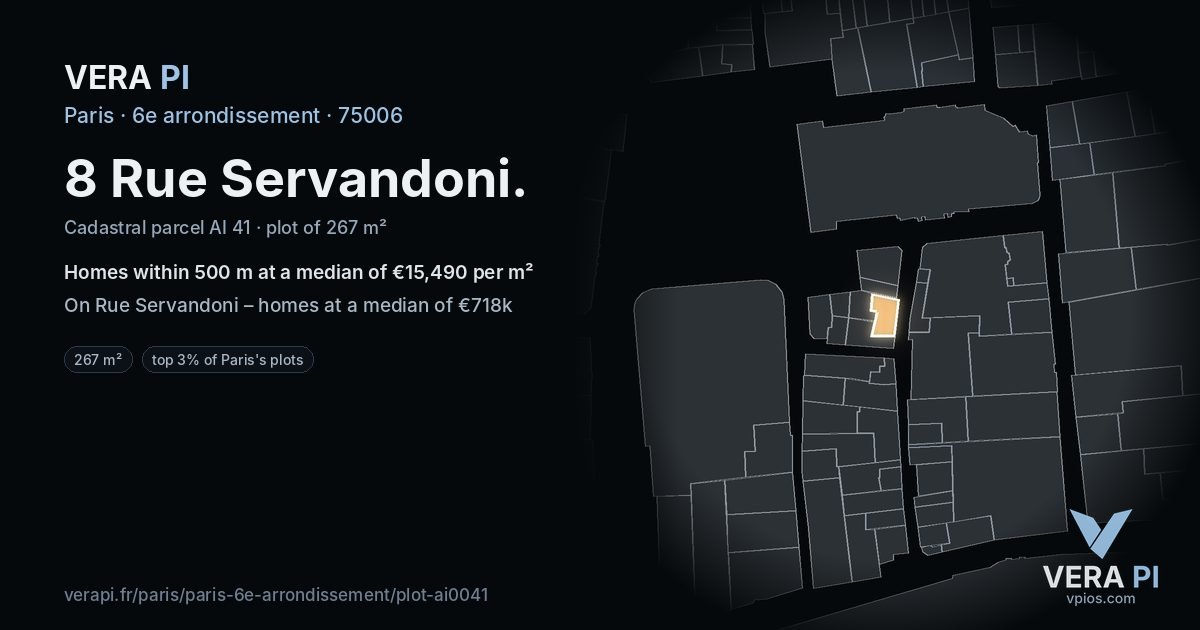 8 Rue Servandoni, 6e arrondissement at night – the plot lit, the parcels around coloured by the prices near them