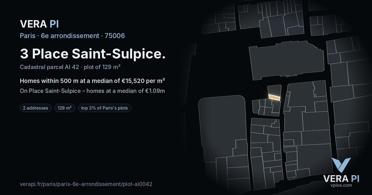 3 Place Saint-Sulpice, 6e arrondissement at night – the plot lit, the parcels around coloured by the prices near them