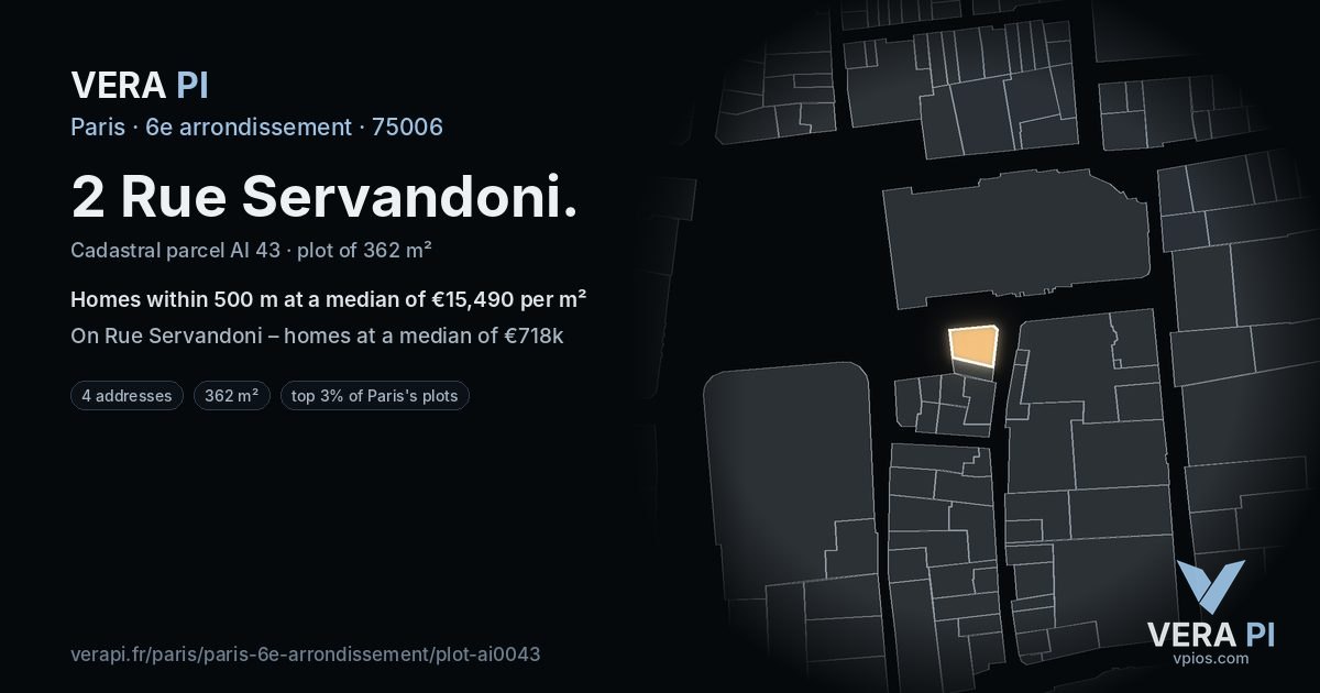 2 Rue Servandoni, 6e arrondissement at night – the plot lit, the parcels around coloured by the prices near them