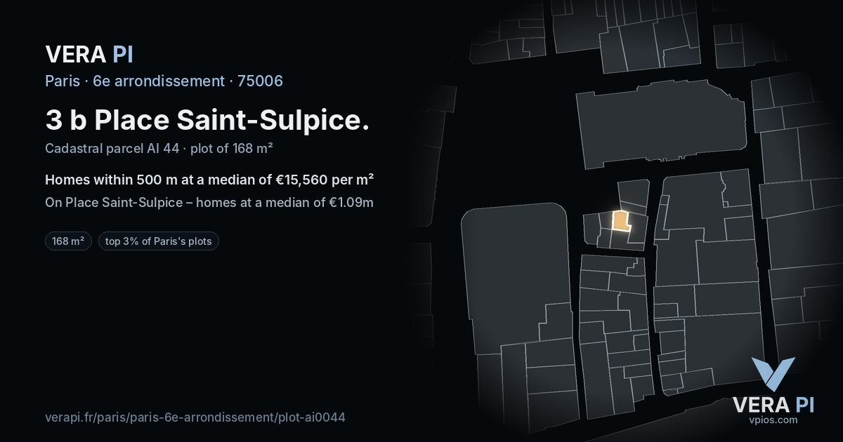 3 b Place Saint-Sulpice, 6e arrondissement at night – the plot lit, the parcels around coloured by the prices near them