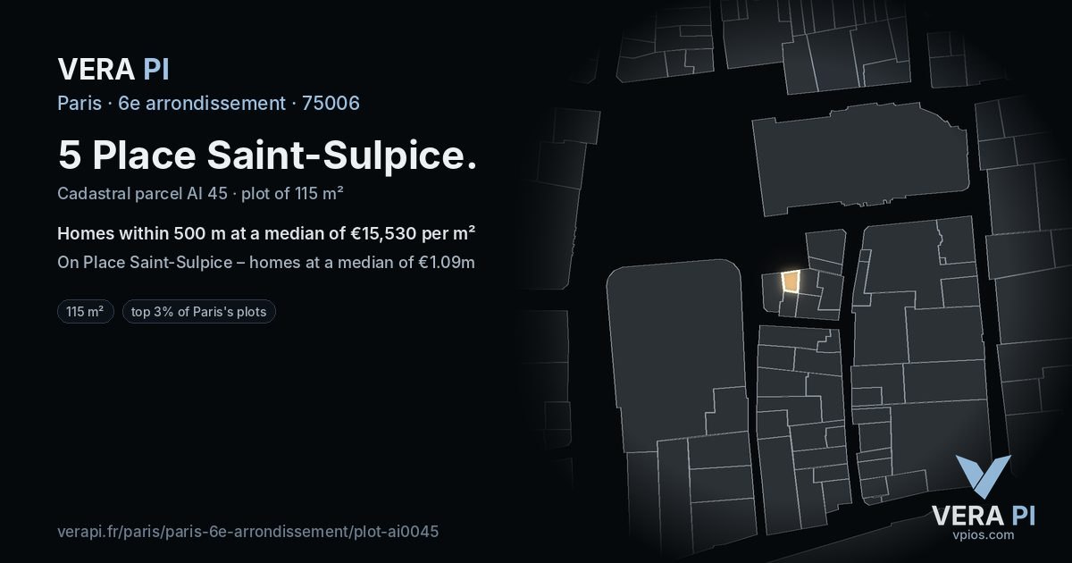 5 Place Saint-Sulpice, 6e arrondissement at night – the plot lit, the parcels around coloured by the prices near them