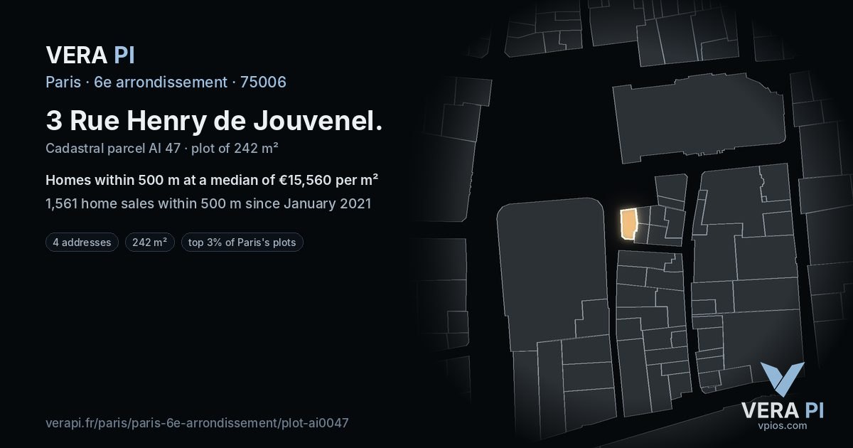 3 Rue Henry de Jouvenel, 6e arrondissement at night – the plot lit, the parcels around coloured by the prices near them