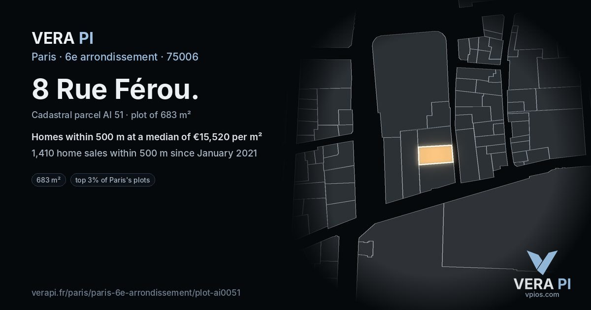 8 Rue Férou, 6e arrondissement at night – the plot lit, the parcels around coloured by the prices near them