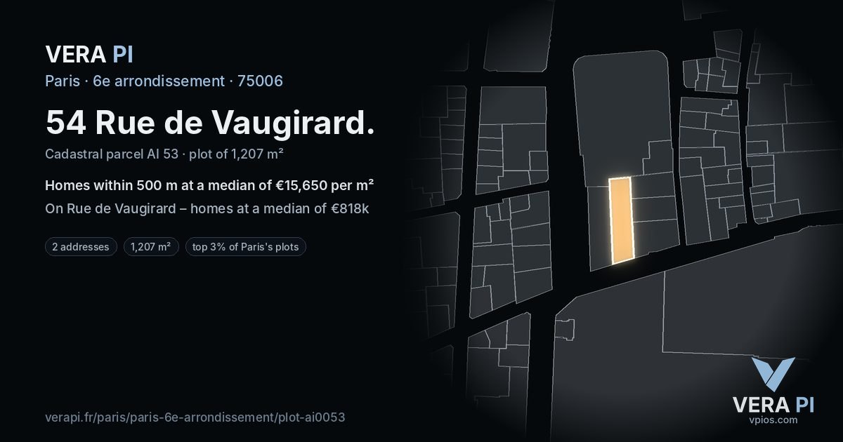 54 Rue de Vaugirard, 6e arrondissement at night – the plot lit, the parcels around coloured by the prices near them