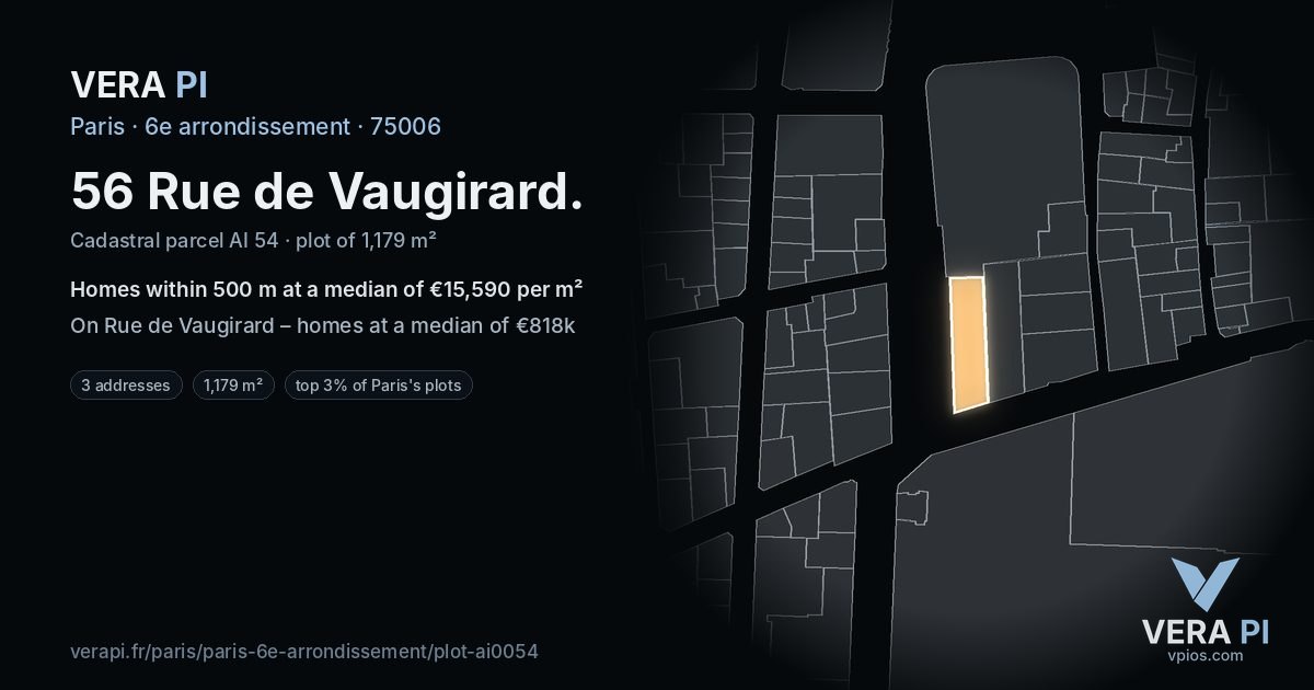 56 Rue de Vaugirard, 6e arrondissement at night – the plot lit, the parcels around coloured by the prices near them