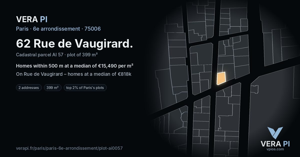 62 Rue de Vaugirard, 6e arrondissement at night – the plot lit, the parcels around coloured by the prices near them