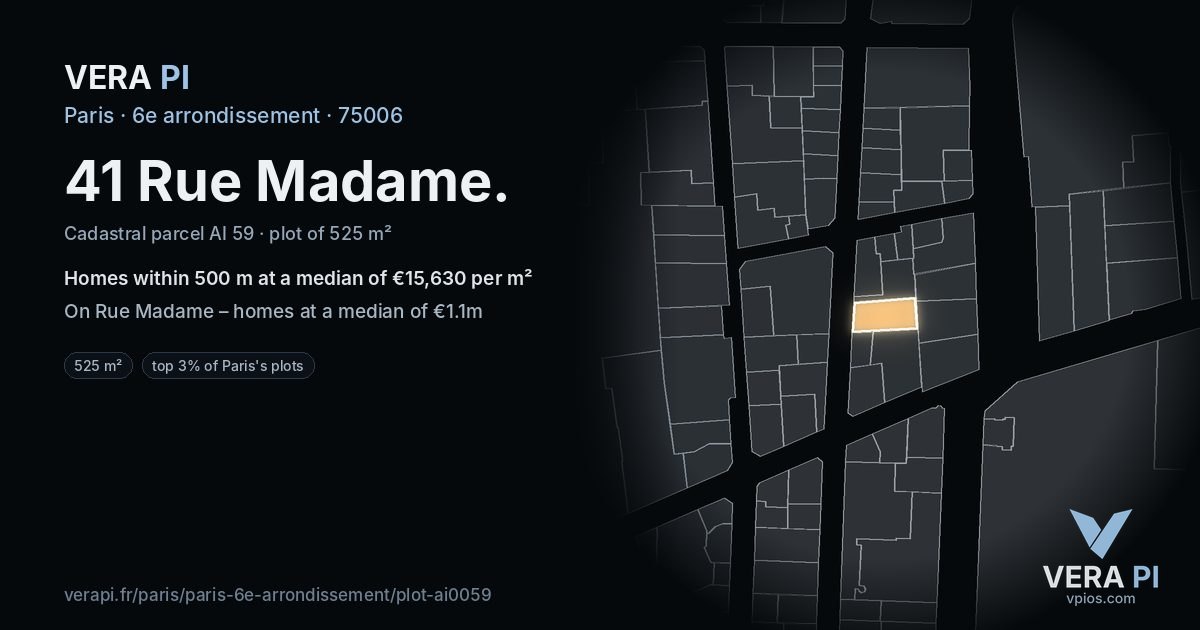 41 Rue Madame, 6e arrondissement at night – the plot lit, the parcels around coloured by the prices near them