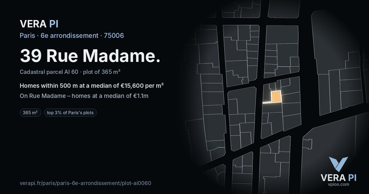 39 Rue Madame, 6e arrondissement at night – the plot lit, the parcels around coloured by the prices near them