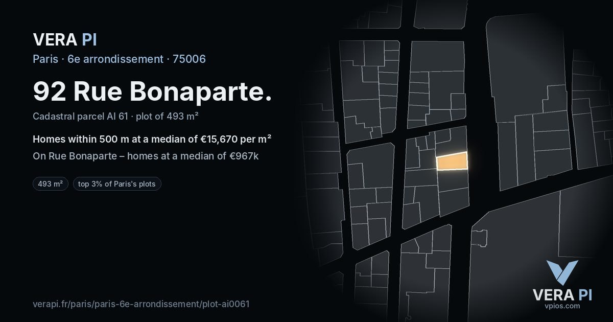 92 Rue Bonaparte, 6e arrondissement at night – the plot lit, the parcels around coloured by the prices near them