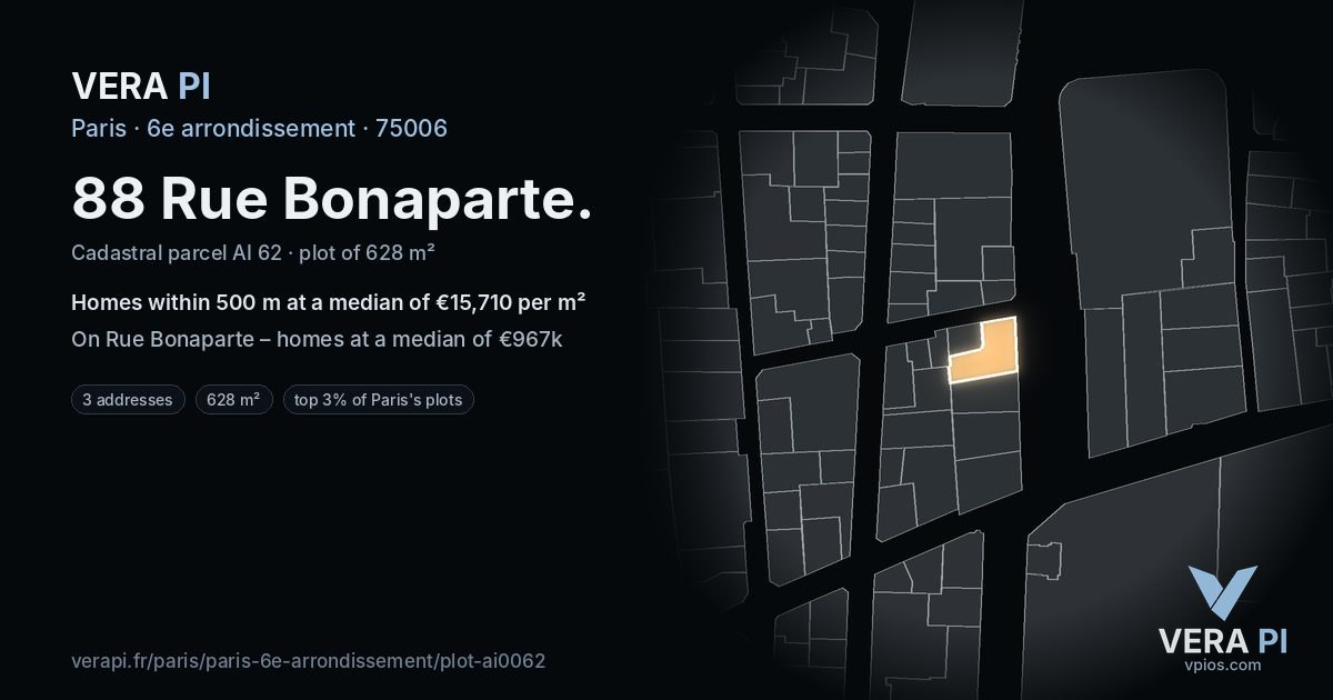88 Rue Bonaparte, 6e arrondissement at night – the plot lit, the parcels around coloured by the prices near them