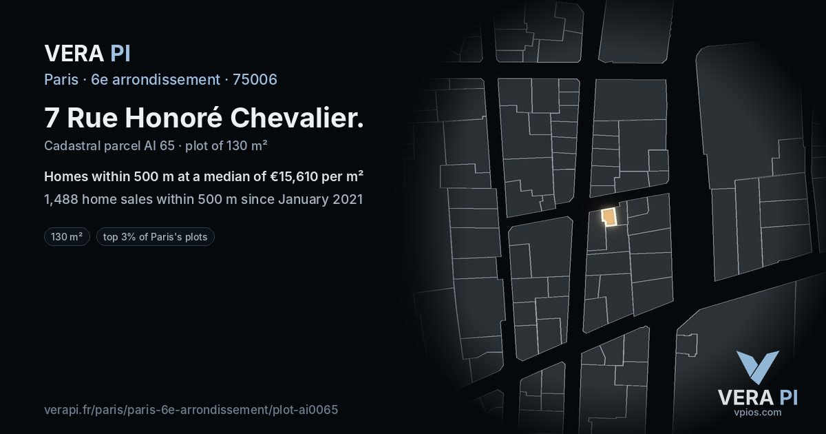 7 Rue Honoré Chevalier, 6e arrondissement at night – the plot lit, the parcels around coloured by the prices near them