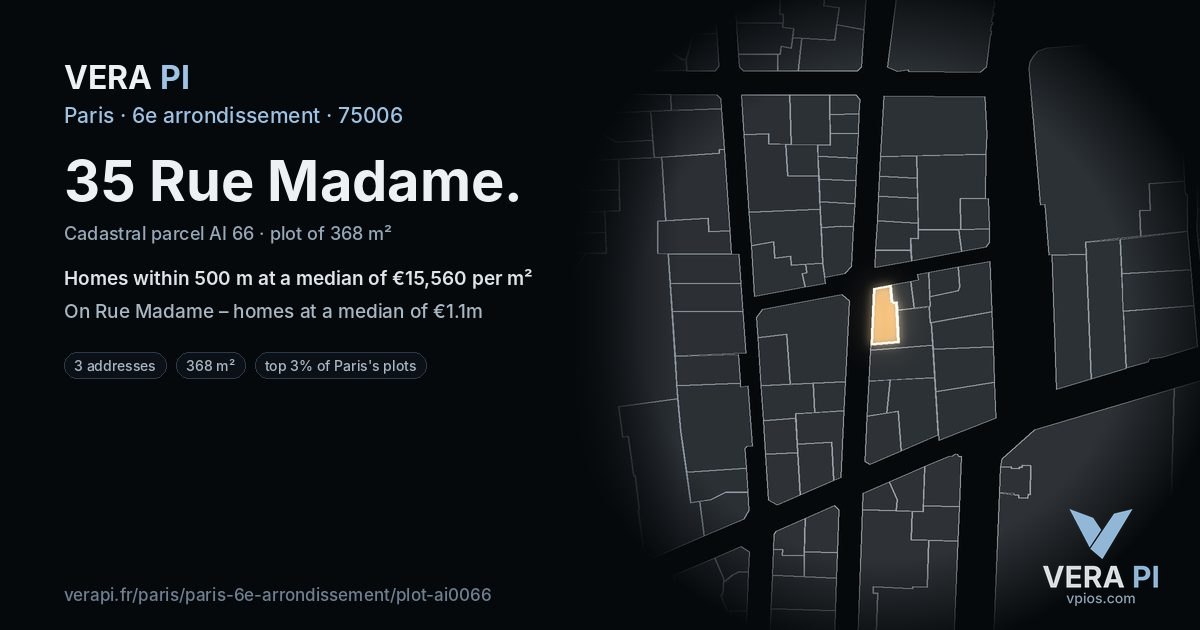 35 Rue Madame, 6e arrondissement at night – the plot lit, the parcels around coloured by the prices near them