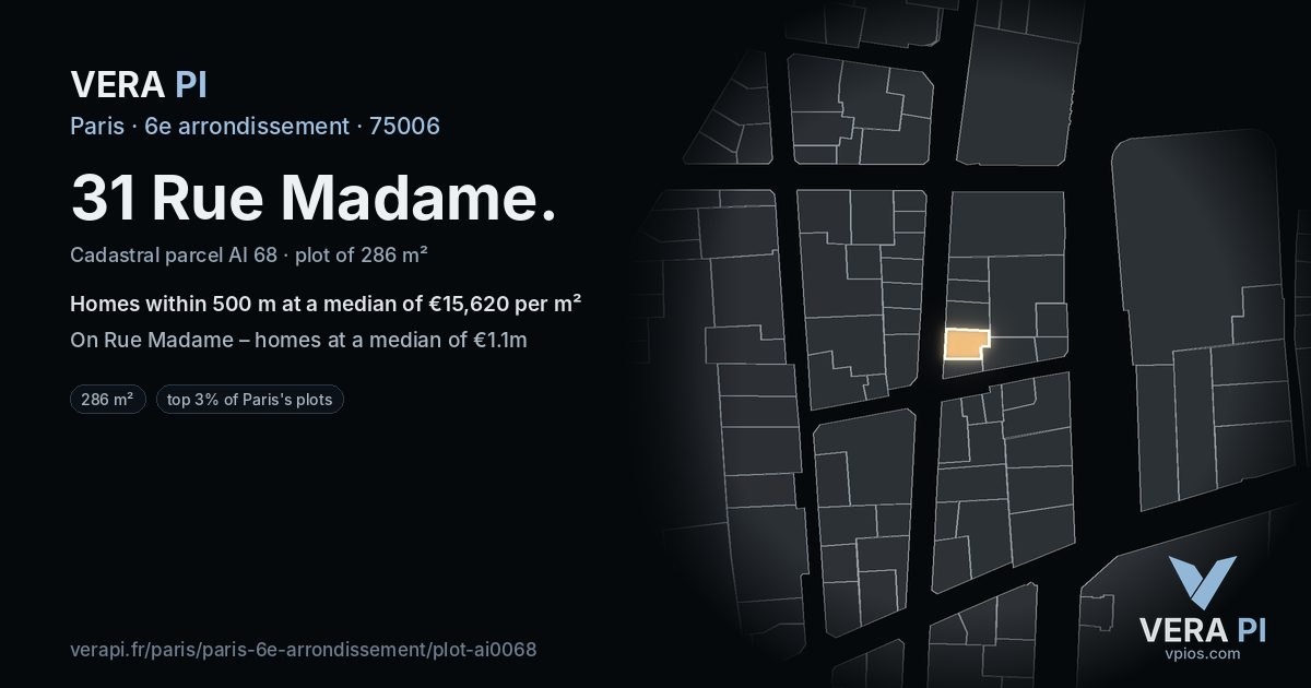 31 Rue Madame, 6e arrondissement at night – the plot lit, the parcels around coloured by the prices near them