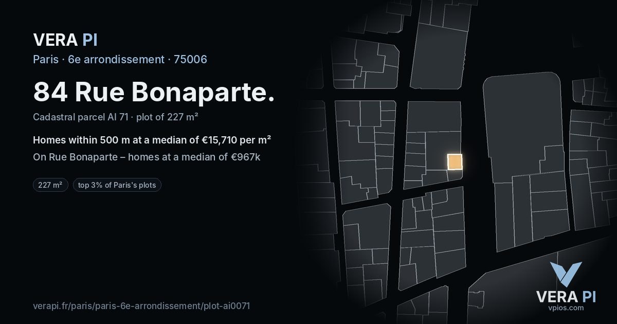 84 Rue Bonaparte, 6e arrondissement at night – the plot lit, the parcels around coloured by the prices near them