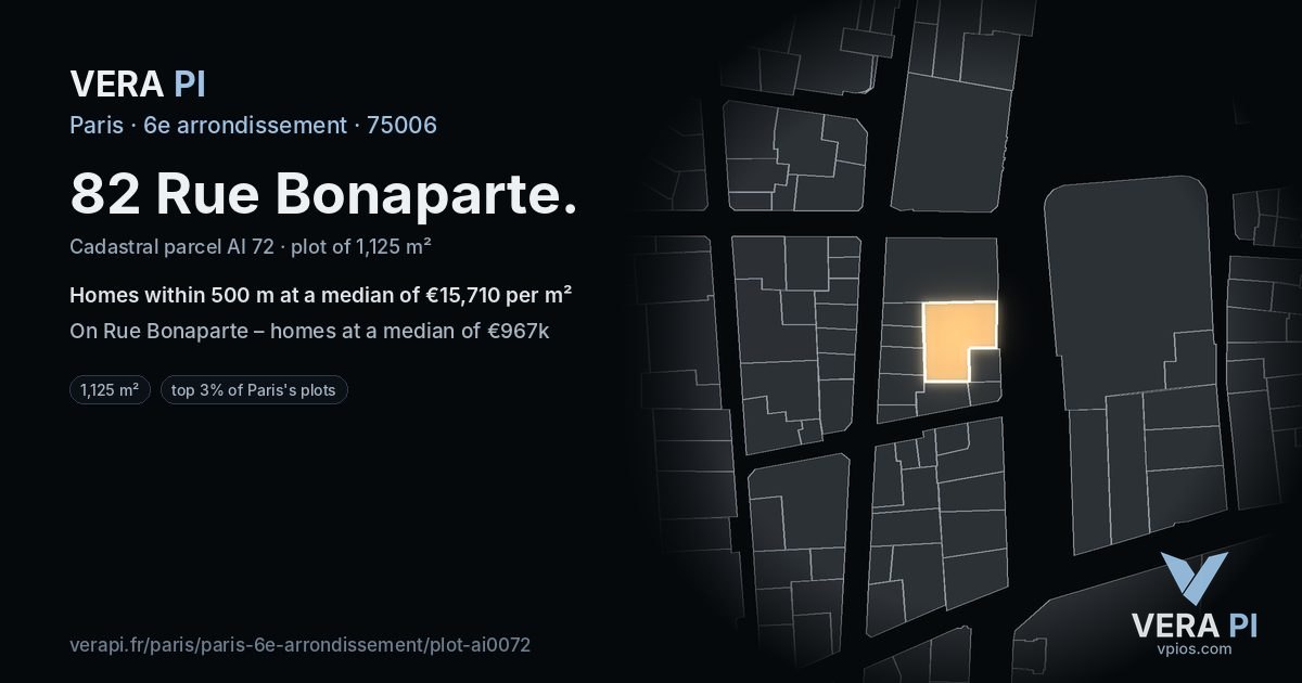 82 Rue Bonaparte, 6e arrondissement at night – the plot lit, the parcels around coloured by the prices near them