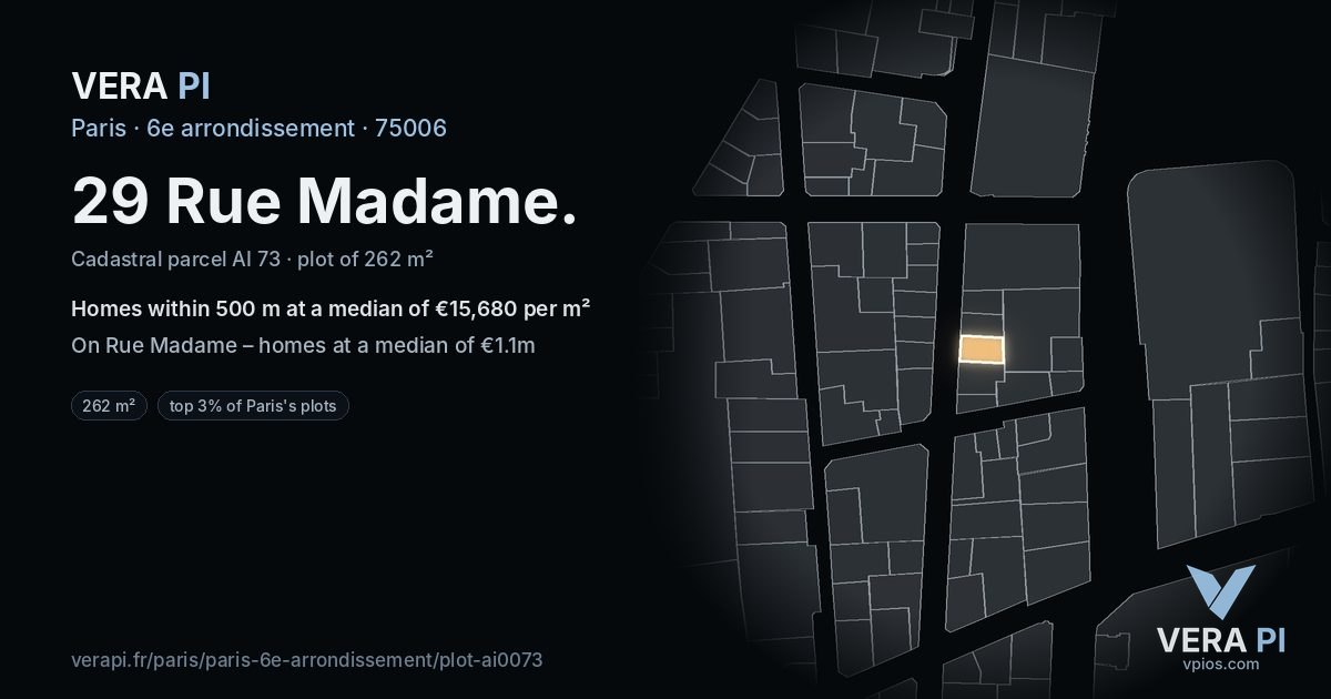 29 Rue Madame, 6e arrondissement at night – the plot lit, the parcels around coloured by the prices near them