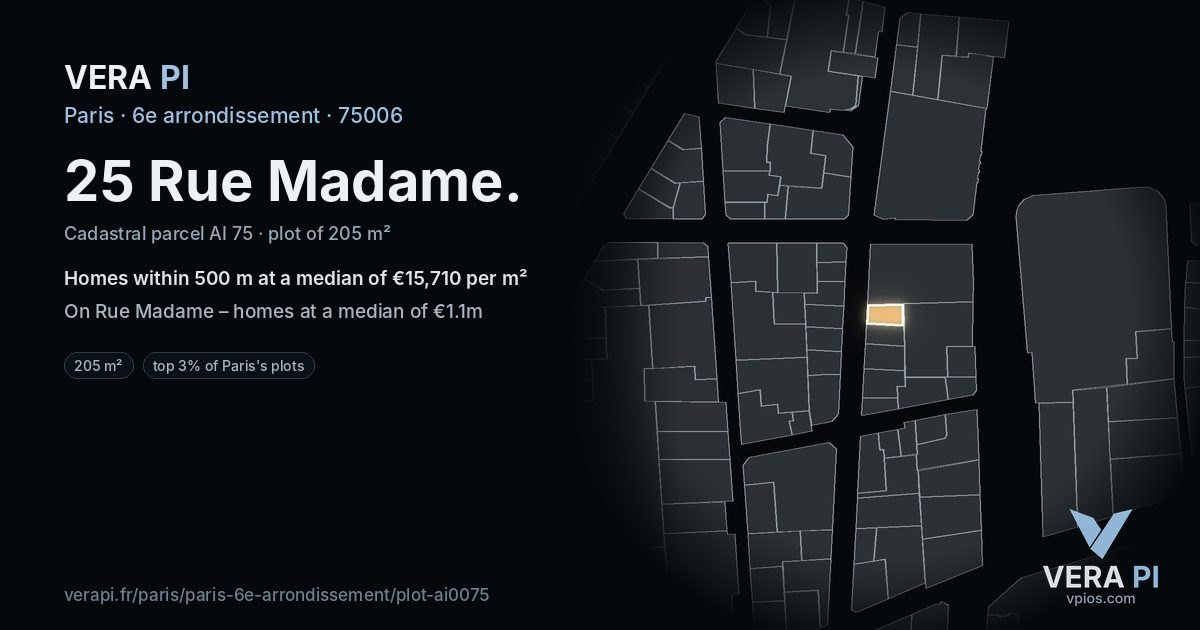 25 Rue Madame, 6e arrondissement at night – the plot lit, the parcels around coloured by the prices near them