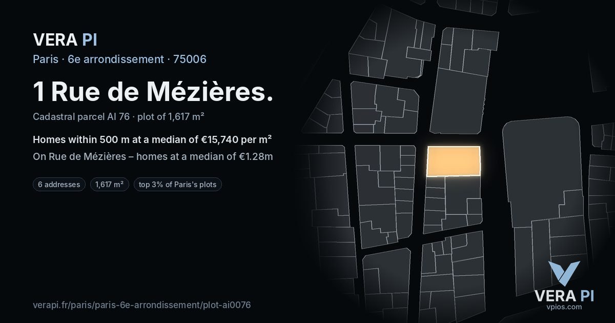 1 Rue de Mézières, 6e arrondissement at night – the plot lit, the parcels around coloured by the prices near them