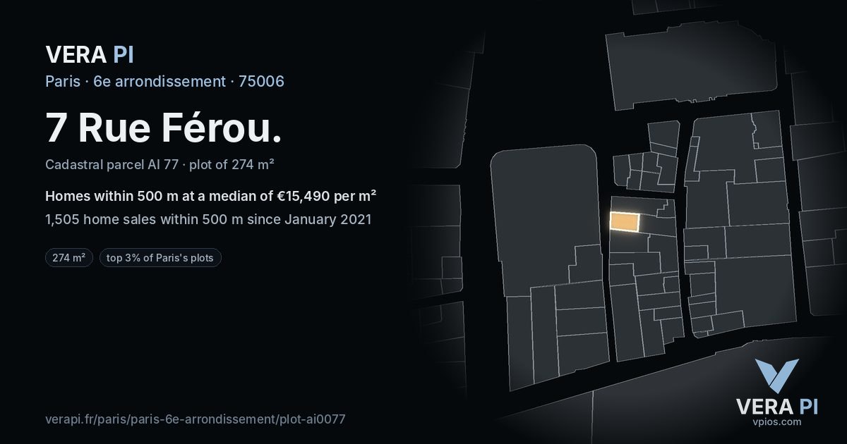 7 Rue Férou, 6e arrondissement at night – the plot lit, the parcels around coloured by the prices near them