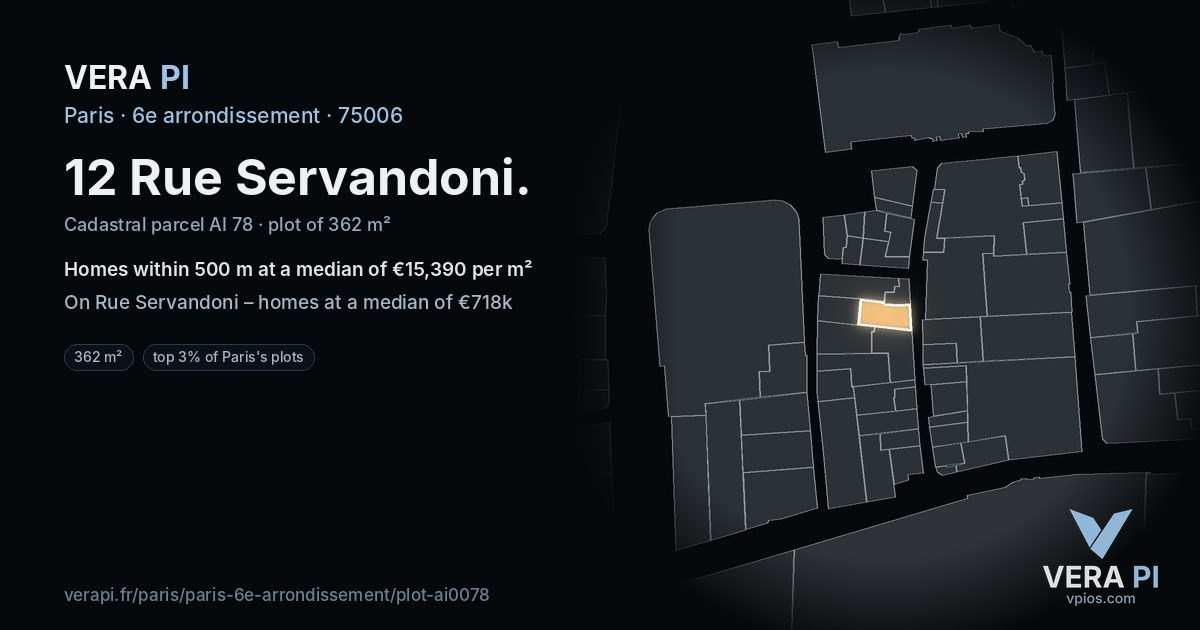 12 Rue Servandoni, 6e arrondissement at night – the plot lit, the parcels around coloured by the prices near them