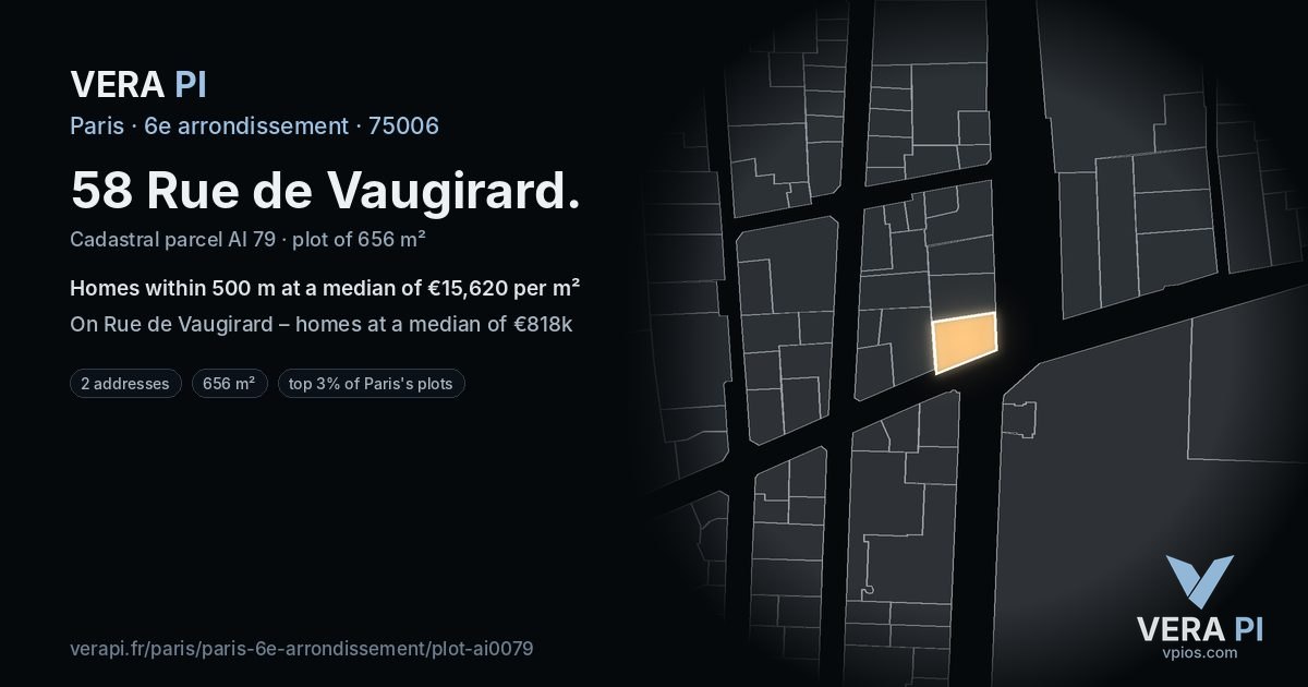 58 Rue de Vaugirard, 6e arrondissement at night – the plot lit, the parcels around coloured by the prices near them