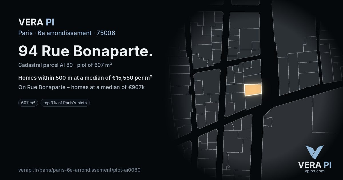 94 Rue Bonaparte, 6e arrondissement at night – the plot lit, the parcels around coloured by the prices near them