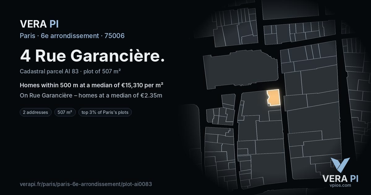 4 Rue Garancière, 6e arrondissement at night – the plot lit, the parcels around coloured by the prices near them