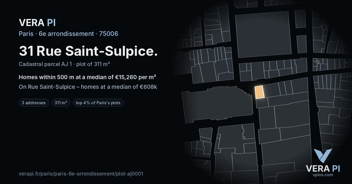 31 Rue Saint-Sulpice, 6e arrondissement at night – the plot lit, the parcels around coloured by the prices near them