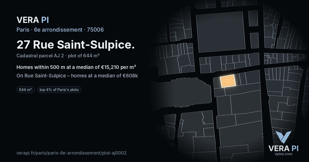 27 Rue Saint-Sulpice, 6e arrondissement at night – the plot lit, the parcels around coloured by the prices near them
