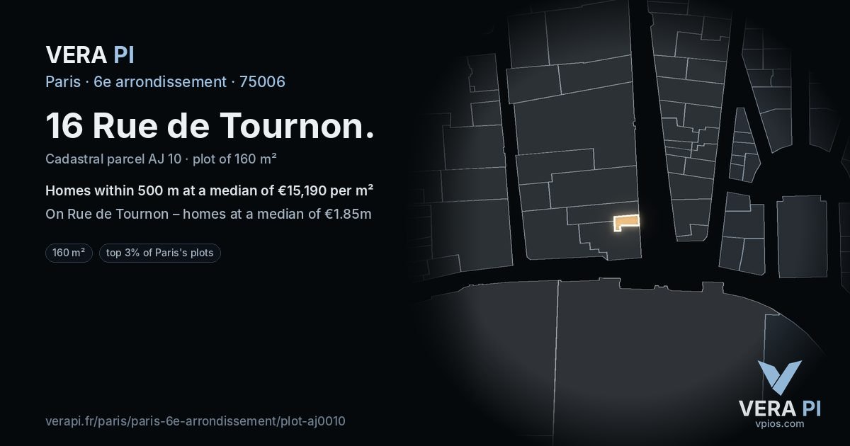 16 Rue de Tournon, 6e arrondissement at night – the plot lit, the parcels around coloured by the prices near them
