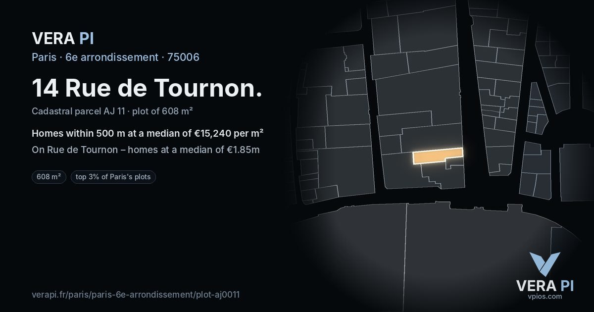 14 Rue de Tournon, 6e arrondissement at night – the plot lit, the parcels around coloured by the prices near them