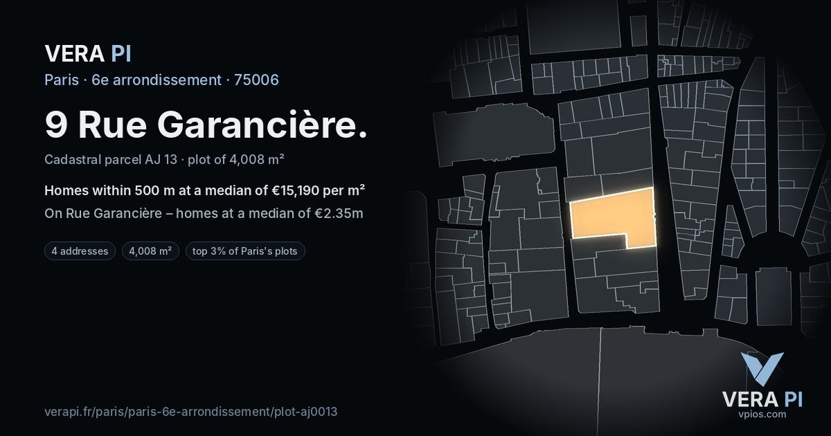 9 Rue Garancière, 6e arrondissement at night – the plot lit, the parcels around coloured by the prices near them