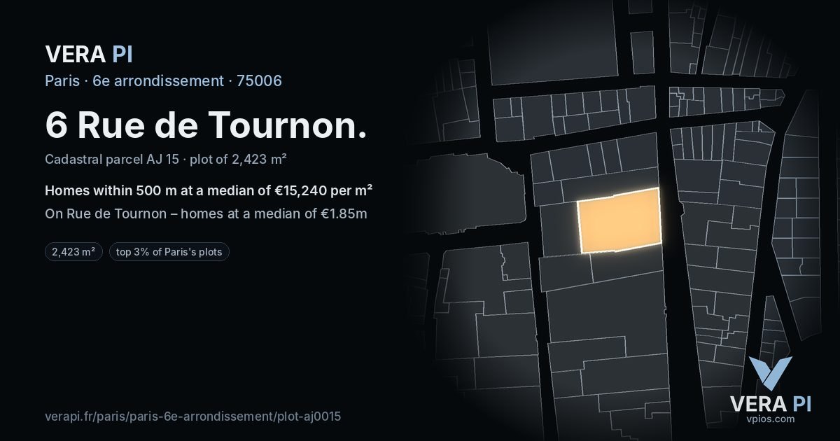 6 Rue de Tournon, 6e arrondissement at night – the plot lit, the parcels around coloured by the prices near them