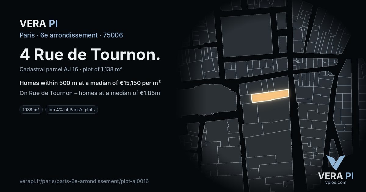 4 Rue de Tournon, 6e arrondissement at night – the plot lit, the parcels around coloured by the prices near them