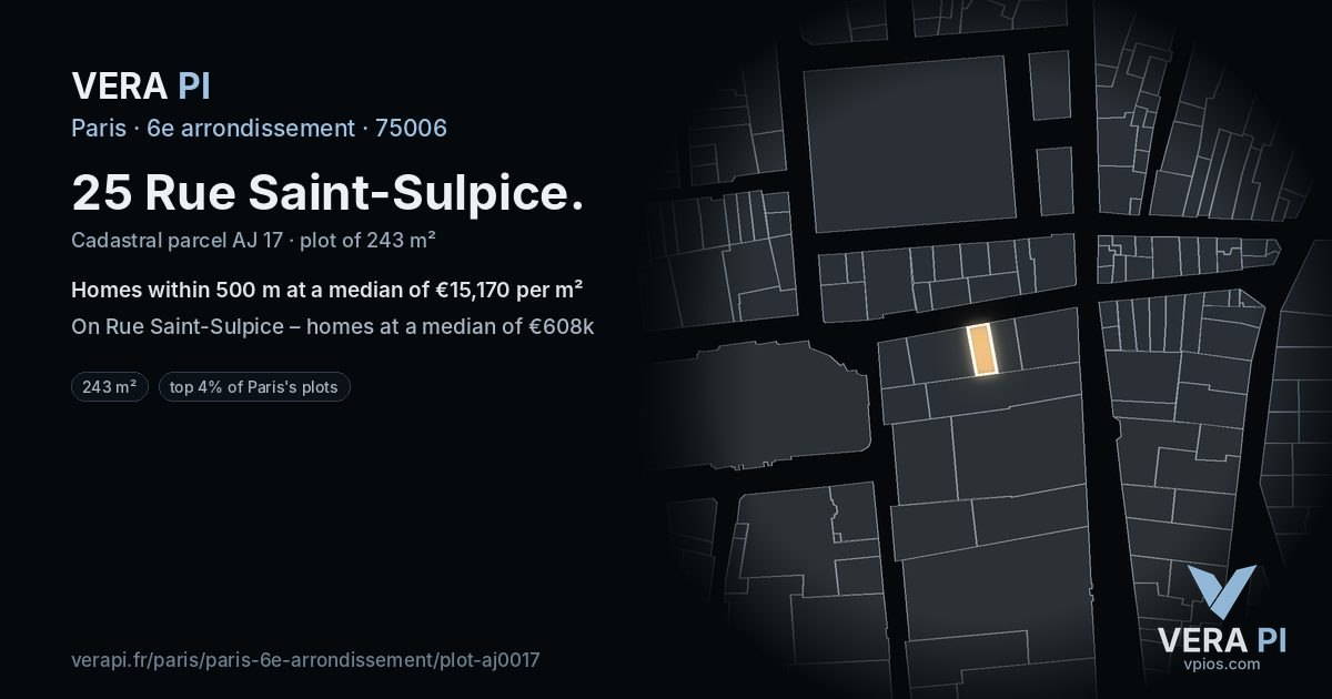 25 Rue Saint-Sulpice, 6e arrondissement at night – the plot lit, the parcels around coloured by the prices near them