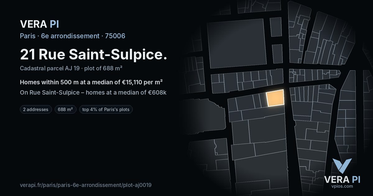 21 Rue Saint-Sulpice, 6e arrondissement at night – the plot lit, the parcels around coloured by the prices near them