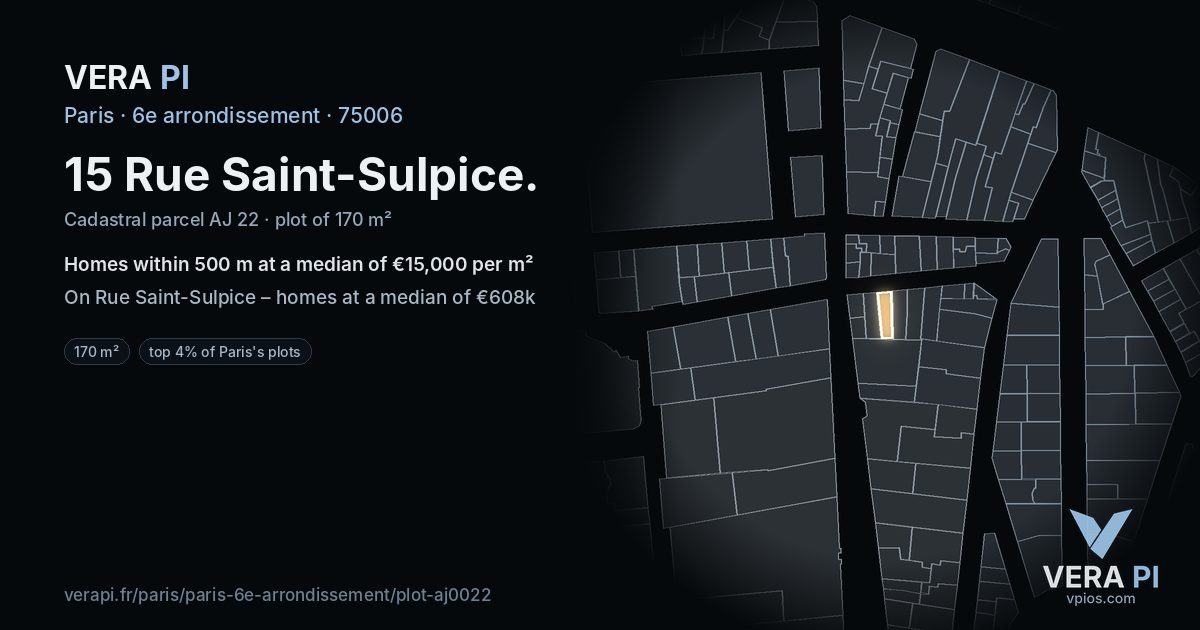 15 Rue Saint-Sulpice, 6e arrondissement at night – the plot lit, the parcels around coloured by the prices near them