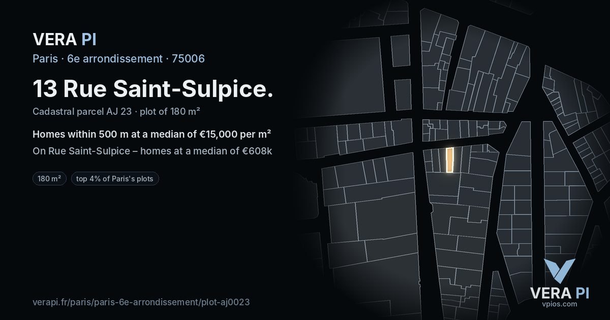 13 Rue Saint-Sulpice, 6e arrondissement at night – the plot lit, the parcels around coloured by the prices near them