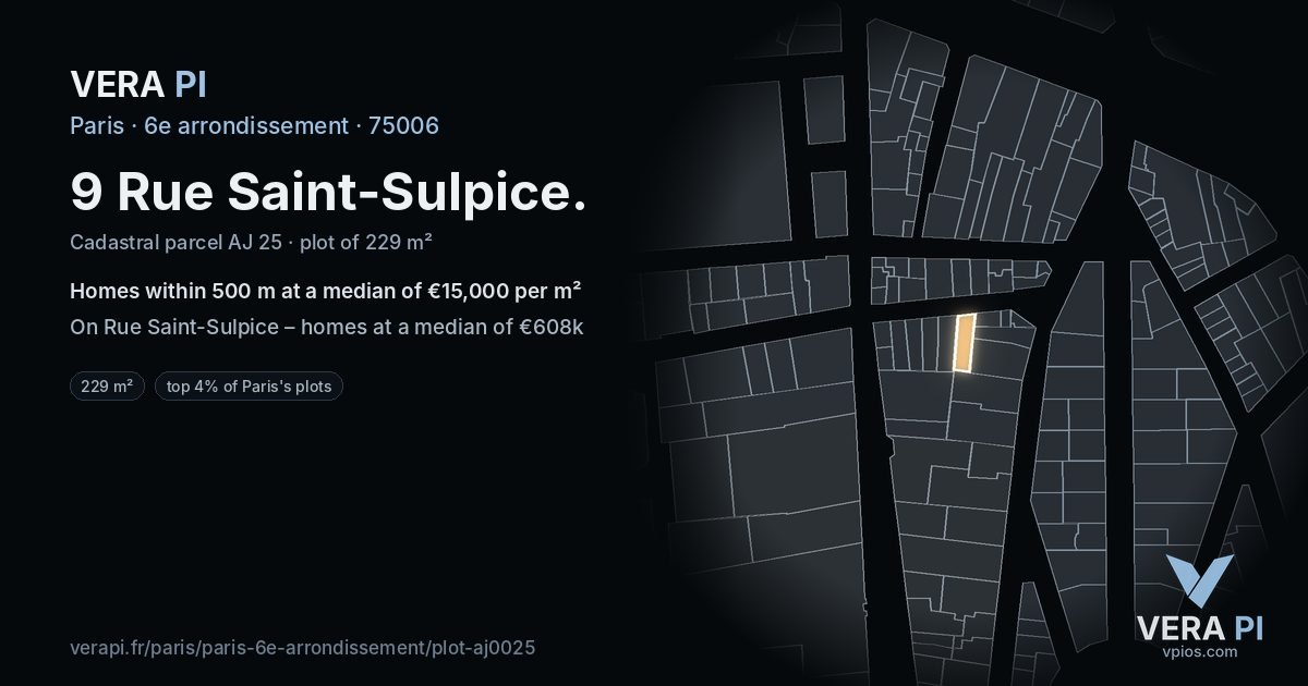 9 Rue Saint-Sulpice, 6e arrondissement at night – the plot lit, the parcels around coloured by the prices near them