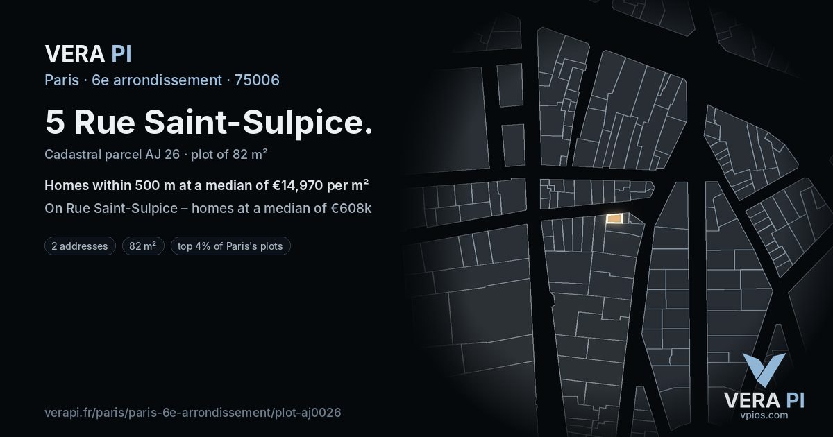5 Rue Saint-Sulpice, 6e arrondissement at night – the plot lit, the parcels around coloured by the prices near them