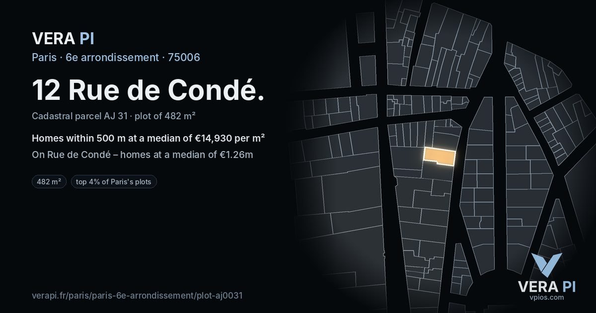12 Rue de Condé, 6e arrondissement at night – the plot lit, the parcels around coloured by the prices near them