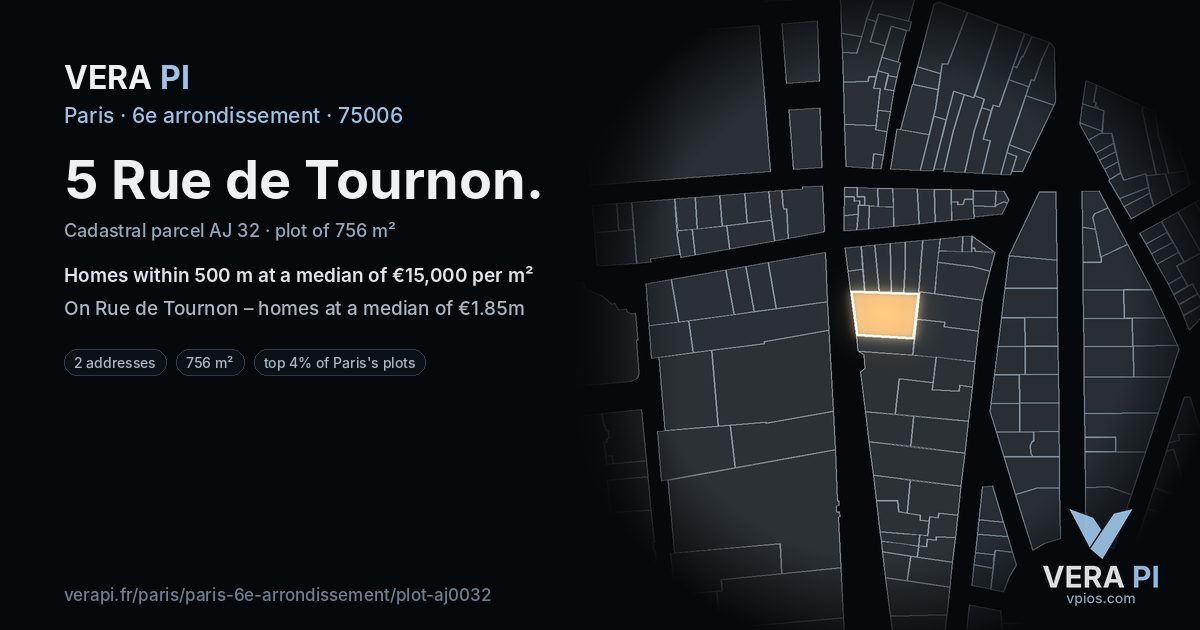 5 Rue de Tournon, 6e arrondissement at night – the plot lit, the parcels around coloured by the prices near them