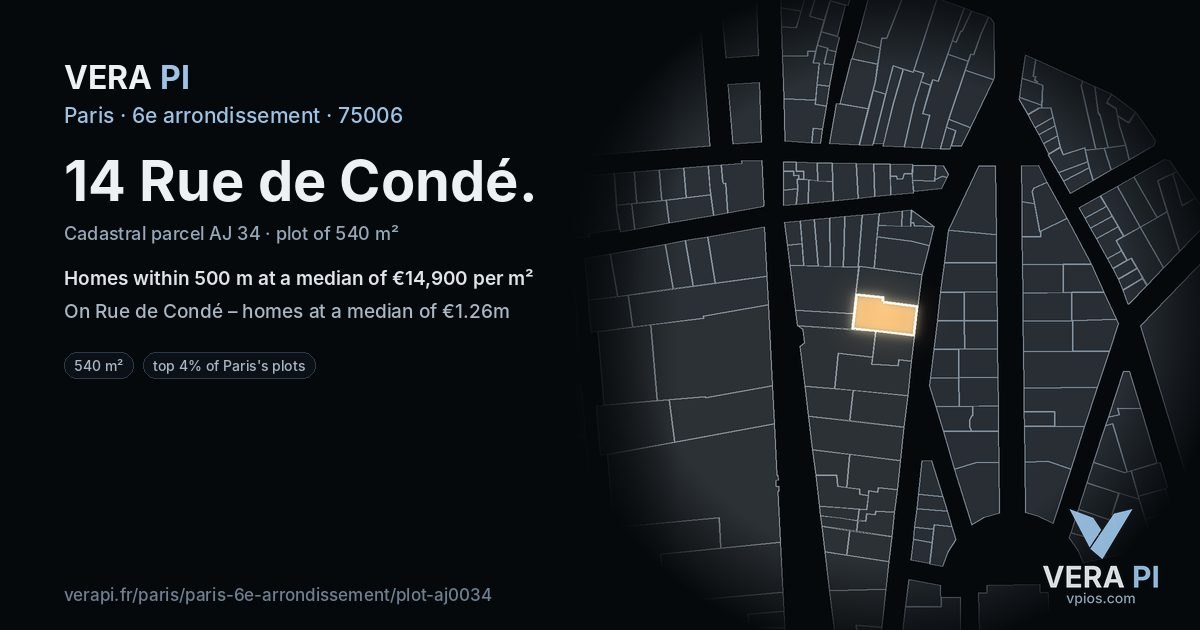 14 Rue de Condé, 6e arrondissement at night – the plot lit, the parcels around coloured by the prices near them