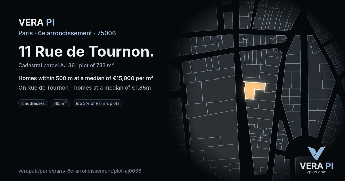 11 Rue de Tournon, 6e arrondissement at night – the plot lit, the parcels around coloured by the prices near them