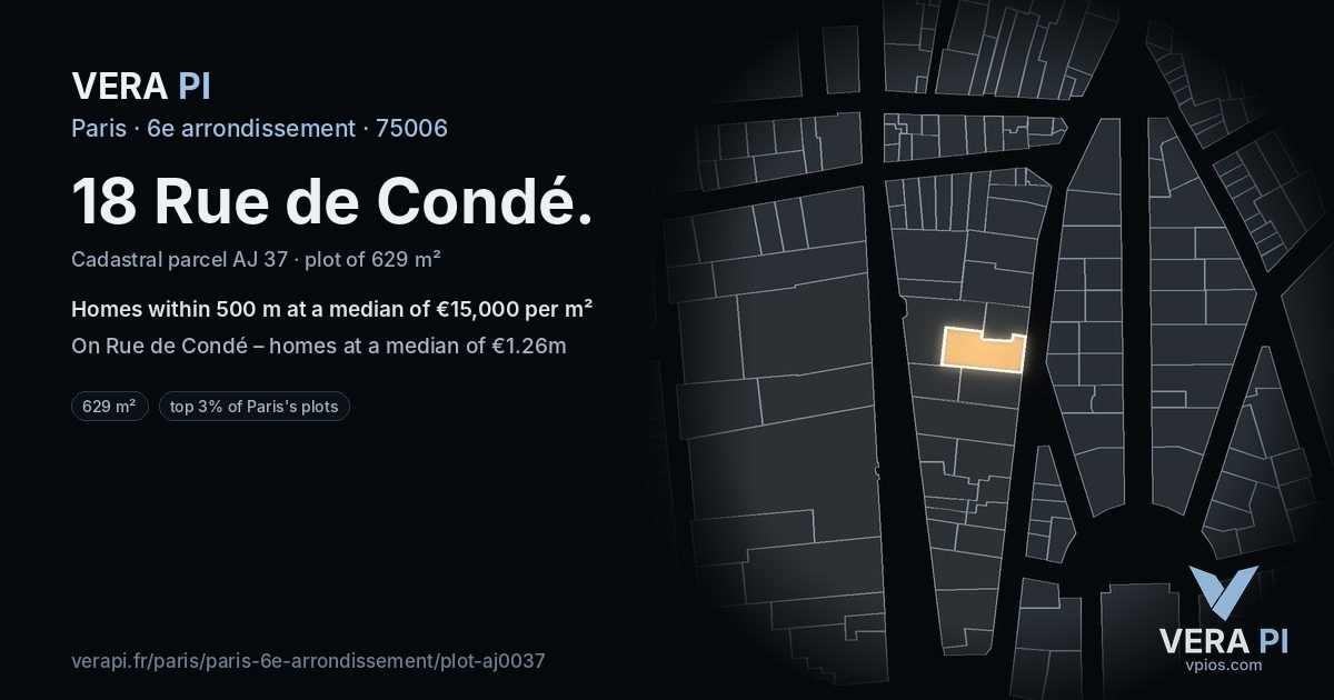 18 Rue de Condé, 6e arrondissement at night – the plot lit, the parcels around coloured by the prices near them