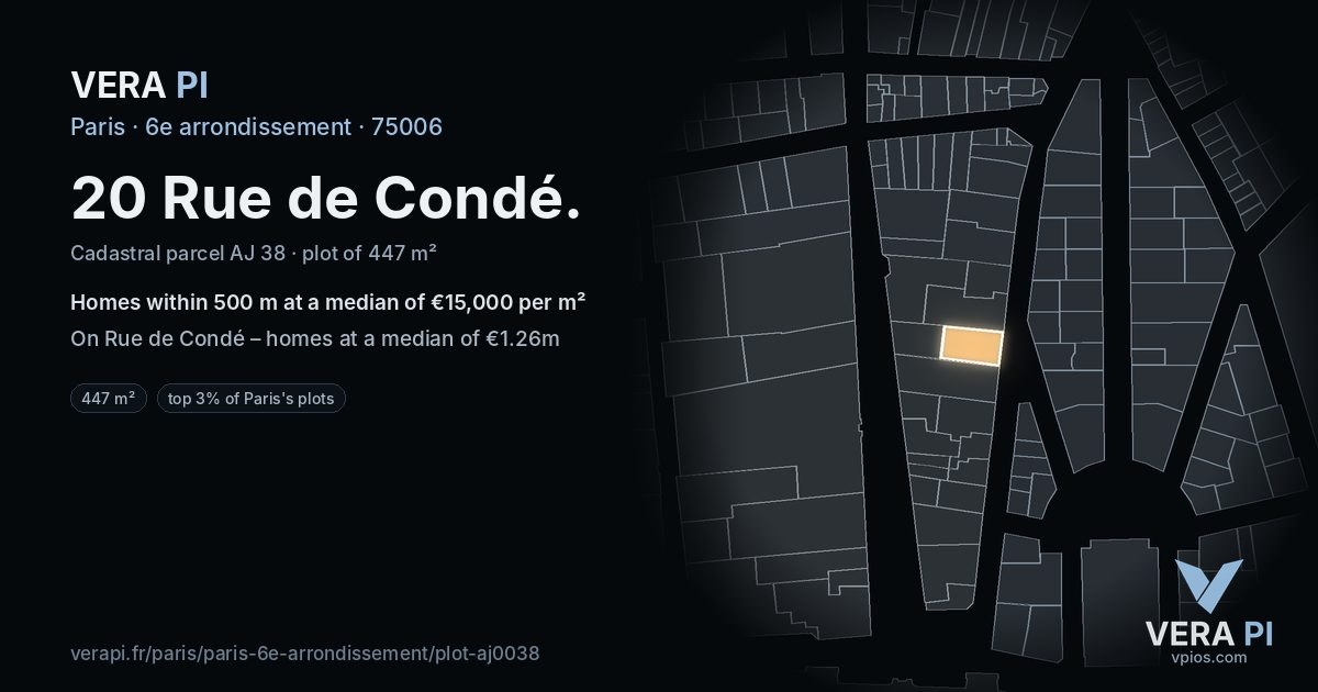 20 Rue de Condé, 6e arrondissement at night – the plot lit, the parcels around coloured by the prices near them